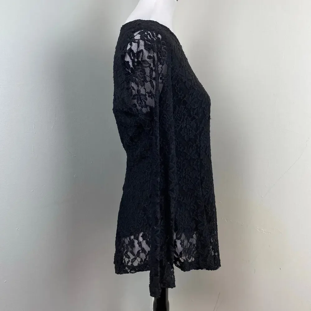 Carmen Marc Valvo Black Lace Long Sleeve Layered Top Medium - Picture 4 of 7
